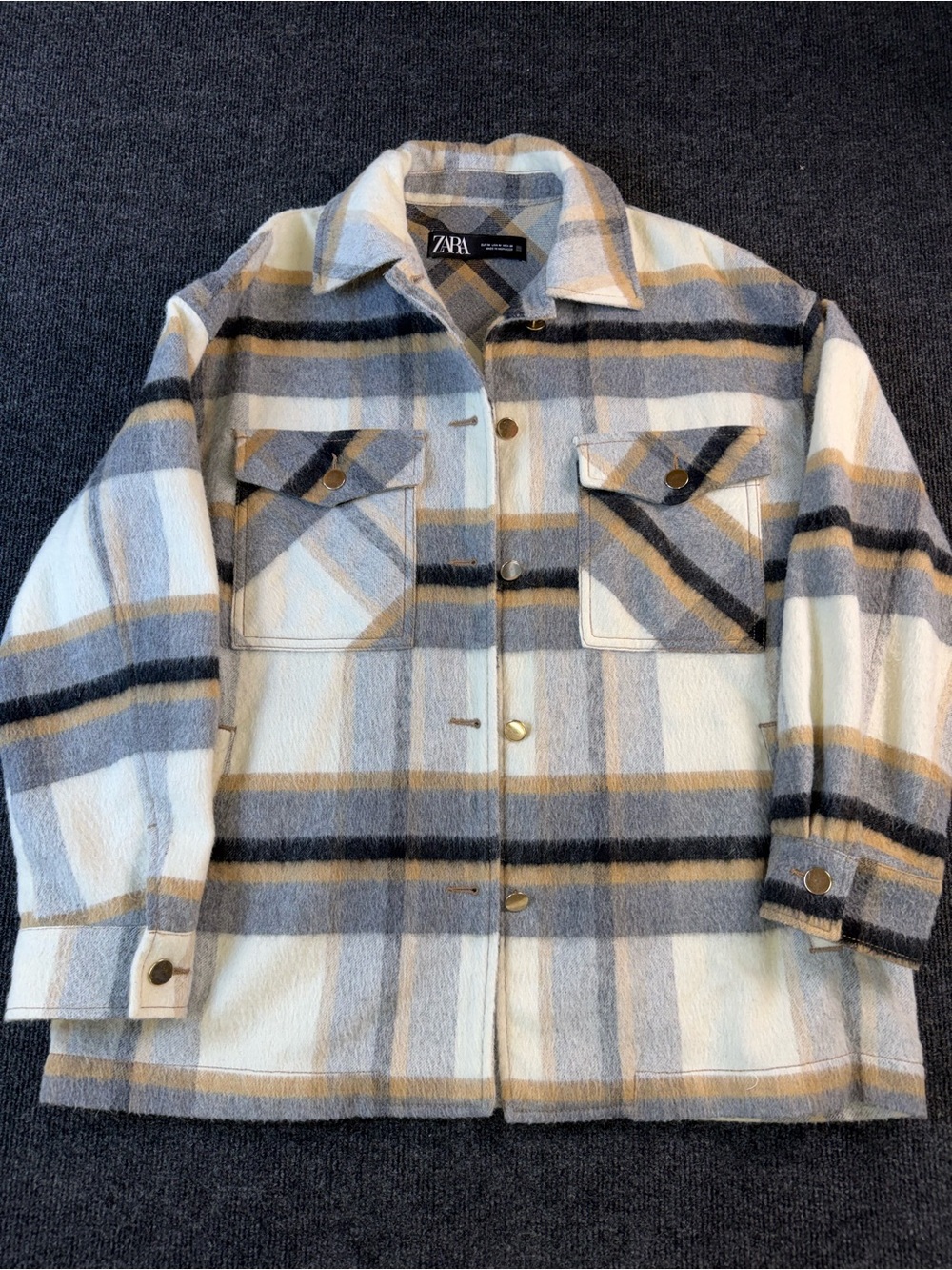 ZARA Women's Cream, Tan, Black and Gray Plaid Shacket